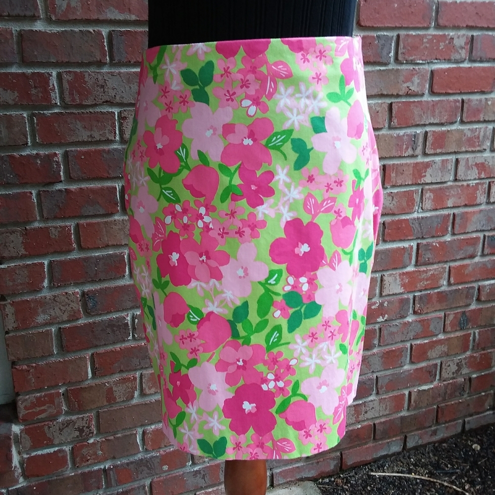 Tropical pink and chartreuse pencil skirt